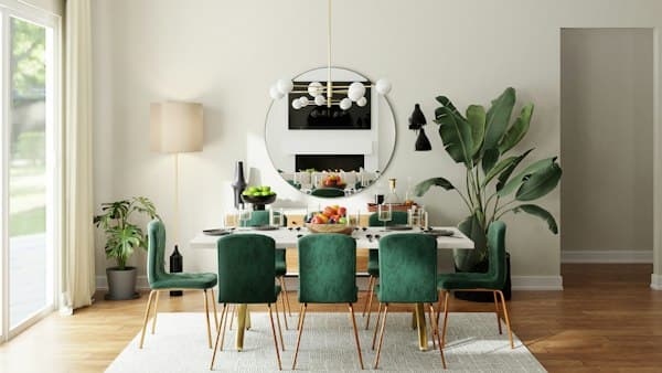 Warm modern dining room with camel leather chairs