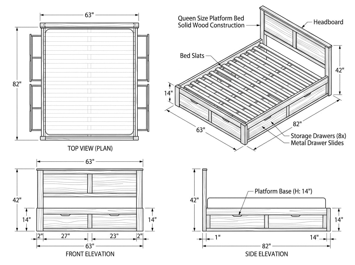 Diviana Queen Size Bed With Drawer Storage - Architectural Drawing